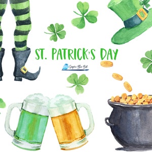 Puede incluir: Una ilustración de acuarela de artículos con temática del Día de San Patricio, que incluye una olla de monedas de oro, dos jarras de cerveza, las piernas de un duende, un sombrero verde y tréboles de cuatro hojas.