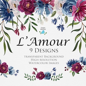 Navy Blue et Burgundy Floral Designs Watercolor Clip Art Set; Inclut 9 motifs floraux composés avec des roses de Bourgogne, fleurs bleu marine