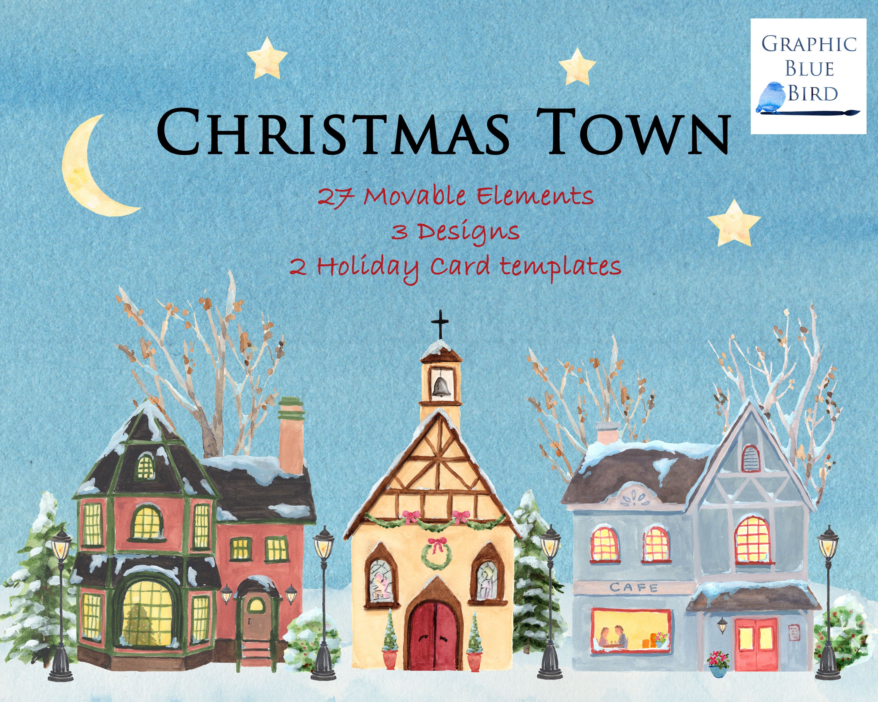 Christmas Town Watercolor Clip Art Christmas Village - Etsy