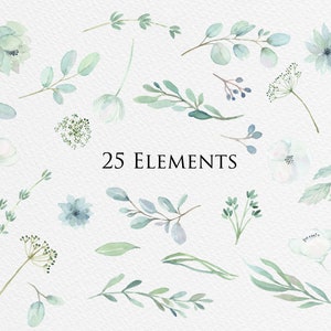 Greenery Watercolor Clip Art Individual Elements White - Etsy