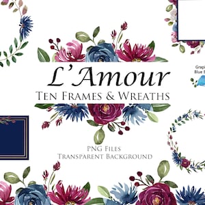 Cadres et couronnes bleu marine et bourgogne Aquarelle Clip Art Set, Neuf cadres et couronnes pour invitations de mariage, affiches, cadres Instagram