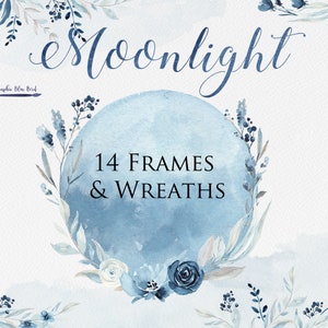Puede incluir: Ilustración de acuarela de 14 marcos y coronas florales azules y blancas. La ilustración presenta un fondo en forma de luna con el texto "Moonlight" y "14 Frames & Wreaths".