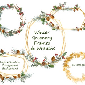 WinterRahmen und Kränze Greenery Collection, Aquarell Clip Art, Tannenkranz, Holly, KristallRahmen mit Grün, DIY Weihnachtskarten