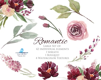 May include: Watercolour illustration set of burgundy, pink and white flowers with green leaves. The set includes 42 individual elements, 1 wreath, 1 bouquet and 4 watercolour textures. The text "Romantic" is written in a decorative font.