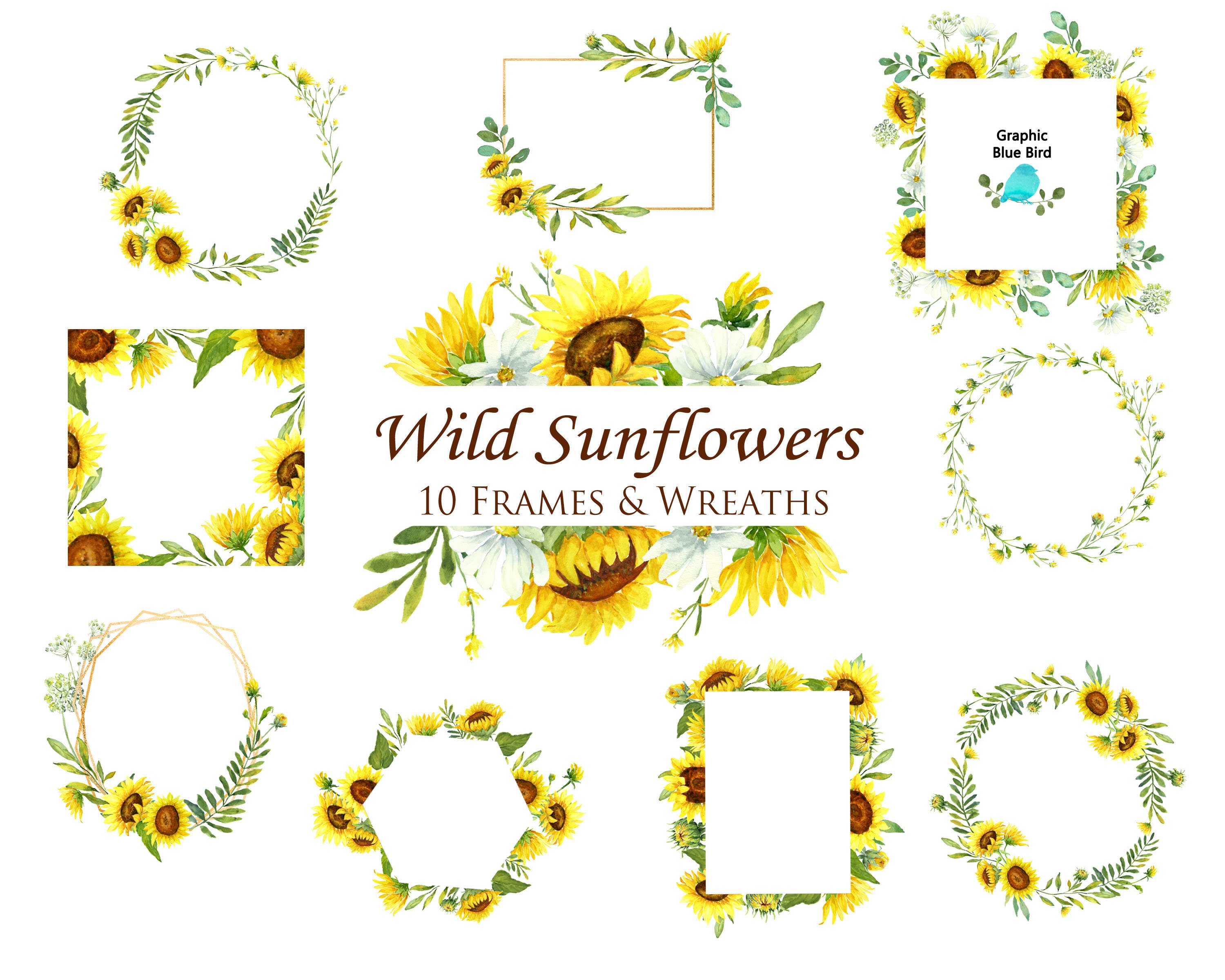 Sunflower Wreaths and Frames Set includes Sunflower Wreaths,  Sunflower Frames, Yellow floral frames, Crystal Frame, Border Design