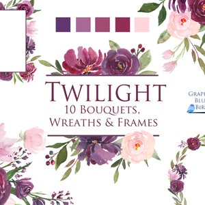 Aquarell Clip Art Designs und Rahmen in Pflaume, Lila und Burgund floral für Hochzeitseinladungen, beinhaltet Pflaumen Blumenkranz