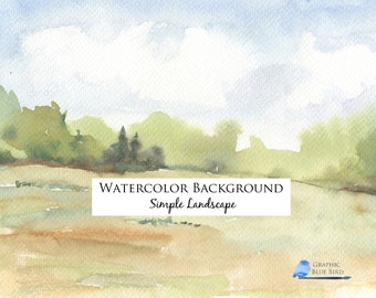 Watercolor Background, Simple Landscape, Field, Trees and Sky, Minimalist Watercolor, Photography Background Image