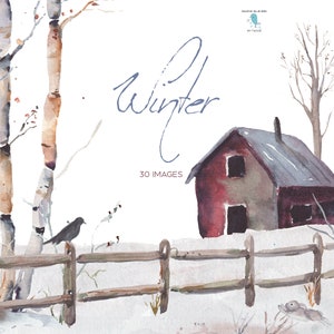 Le kit Clipart d'hiver comprend un fond de paysage d'hiver, un fond de neige, des pins, une clôture de rail fendue, des oiseaux, une grange, une boîte aux lettres, des bouleaux