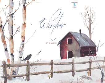 Winter Clipart Kit includes  Winter Landscape Background, Snow background, Pine Trees, Split Rail Fence, Birds,  Barn, Mailbox, Birch Trees