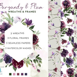 Clipart ad acquerello Fiori di Borgogna e Prugna, Set include ghirlande floreali, cornici floreali, sfondi lavaggio acquerello e carte senza cuciture