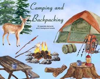 Watercolor Camping and  Backpacking Clip Art Set:  tents, backpack, campfire, picnic table, deer, lantern, pine trees, background and more