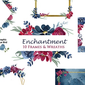 Cadres et couronnes marine et bourgogne, cadres floraux, cadres en cristal, couronne de fleurs marine, clip art à l’aquarelle, invitations au mariage et à la douche