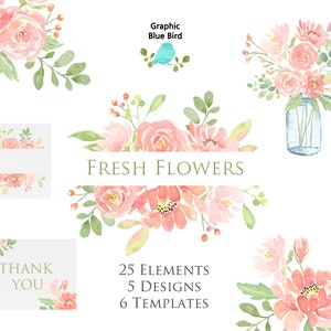 Fresh Watercolor Flowers in Pink Blush Set viene fornito con elementi individuali, cinque disegni e sei modelli per gli inviti