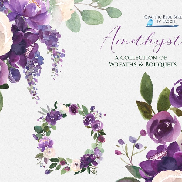 Purple Watercolor Floral Designs | Floral Wreaths in Purple, Plum and Lavender | PNG  Purple Flowers and Wreaths | DIY Wedding Invitations