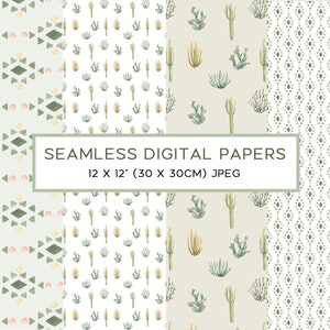 May include: Four seamless digital paper designs in a desert theme. The designs feature a geometric pattern, a cactus pattern, a cactus and succulent pattern, and a small geometric pattern. The papers are 12 x 12 inches (30 x 30 cm) and are in JPEG format.