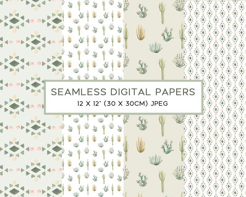 May include: Four seamless digital paper designs in a desert theme. The designs feature a geometric pattern, a cactus pattern, a cactus and succulent pattern, and a small geometric pattern. The papers are 12 x 12 inches (30 x 30 cm) and are in JPEG format.