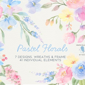 Pastellblumen in Rosa, Blau und Gelb, Babyparty, Frühlingsblumen, Rosa und Blau Blumenkränze und Rahmen