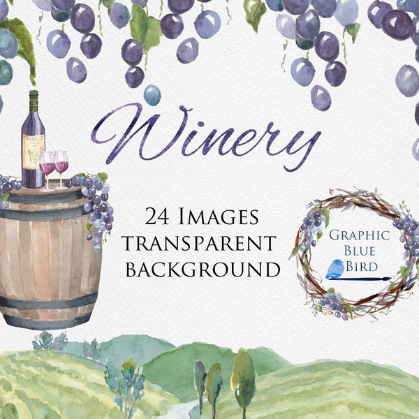 Winery  and Vineyard Watercolor Clip Art Set, Includes Wine bottle, Wine Glass, Watercolor Background, Grapevine Topper Design, Wreath