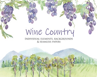 Wine Country Clipart Design Kit, Winery  & Vineyard Watercolor Clipart, Wine bottles, Wine Glasses,  Seamless Papers, Vineyard Backgrounds