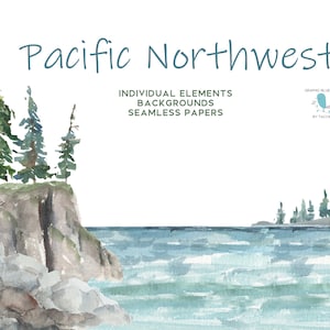 Può includere: Illustrazione ad acquerello di una scogliera rocciosa con alberi sempreverdi in cima, che si affaccia su un oceano blu e verde. Il testo "Pacific Northwest" è scritto in blu nella parte superiore dell'immagine.