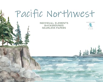 Pacific Northwest Clipart Kit includes Lake, Pine Trees, Mountain Backgrounds, Snow Capped Mountains, Bike