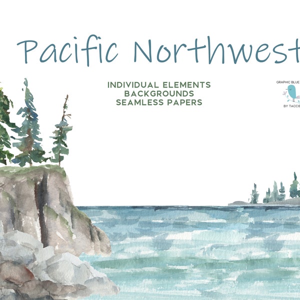 Pacific Northwest Clipart Kit includes Lake, Pine Trees, Mountain Backgrounds, Snow Capped Mountains, Bike