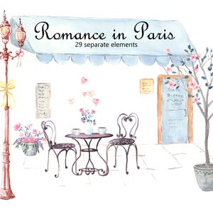 Romanticismo a Parigi Acquerello Clip Art, Torre Eiffel, Cafe Bistro, Champagne, Lampione francese, Doccia a tema francese o matrimonio
