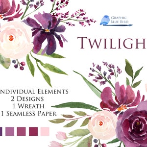 Aquarell Clip Art Blumen in Lila, Pflaume und Burgund floral für Hochzeitseinladungen, Individuelle Elemente Set, Kranz inklusive