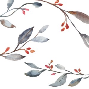 May include: Watercolor painting of a branch with gray leaves and red berries. The branch is painted in a loose, flowing style, with the leaves and berries appearing to be slightly blurred. The background is white.
