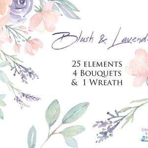 Blush Pink und Lavendel Blumen, Blumensträuße und einzelne Elemente, Kranz, Aquarell Clip Art für Hochzeitseinladungen und Baby showers.
