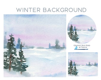 Winter Background with Pine Trees, Winter Landscape, Watercolor Snow,  Social Media Background, Christmas Holiday Winter Scene, Instagram