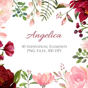 Blush et fleurs de Bourgogne, éléments individuels, aquarelle Clipart Fleurs, Mariage bourgogne, Peint à la main pour les invitations de mariage diy