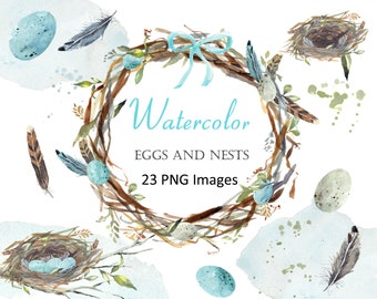 Spring Watercolor Clipart Set: Birds Eggs, Nest, Spring Wreath, Feathers, Watercolor Backgrounds, Branches, Leaves, Watercolor Splatter