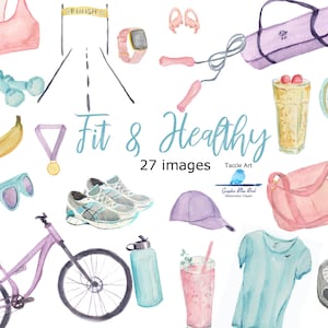 Fitness & Workout Watercolor Clipart Set: bici, scarpe da corsa, sveglia, bilancia, bici, yoga, reggiseno sportivo, frullati, adesivi Planner
