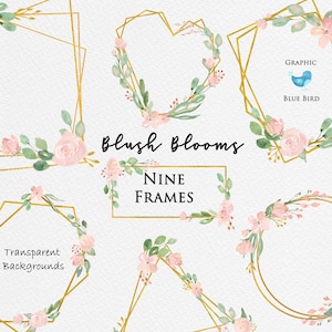 Rosa und Gold Blumenrahmen, Geometrische Goldrahmen mit blush rosa Blumen, Aquarell Kränze und Rahmen, Baby Mädchen Shower
