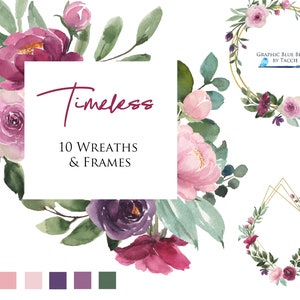 Couronnes et cadres de fard à joues et de Bourgogne, Mariage de Bourgogne, Motifs floraux Fleurs peintes à la main pour invitation de mariage, Fleurs marron et prune