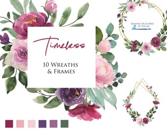 Può includere: Ghirlande e cornici floreali ad acquerello in tonalità rosa, viola e verde. Il testo "Timeless 10 Wreaths & Frames" è visualizzato al centro dell'immagine.