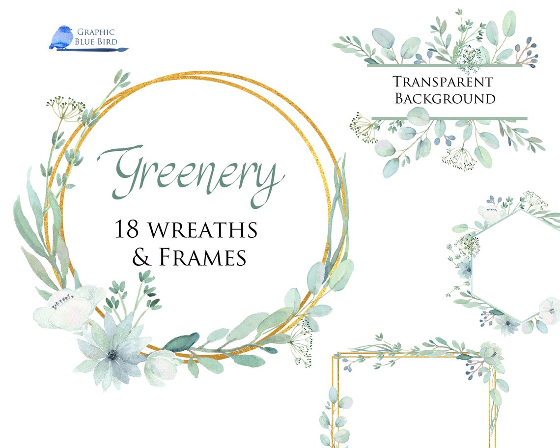 Greenery Frames and Wreaths, Watercolor Clip Art, Eucalyptus Frames ...