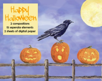 Happy Halloween - Halloween Clip Art Collection, Jack O'lanterns, Raven, Full Moon, Fence, Witch, Bats, Digital Paper Night Sky