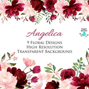 Blush und Weinrote Blumen Aquarell Clipart Kollektion, Weinrote Hochzeit, Florale Designs Handgemalte Blumen für DIY Hochzeitseinladungen