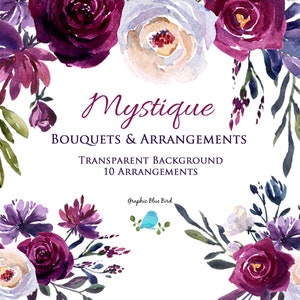 Aquarelle Clipart Bourgogne, Bleu, Violet et Prunier Fleurs en Bouquets et Arrangements, Goutte Florale, Design de Bordure pour Invitations de Mariage