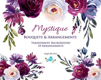 Watercolor Clipart Burgundy, Blue, Purple and Plum Flowers in Bouquets and Arrangements, Floral Drop, Border Design for Wedding Invitations