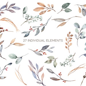 May include: 27 watercolor illustrations of individual floral elements in shades of blue, green, brown, and red. The text '27 INDIVIDUAL ELEMENTS' is in the center of the image.