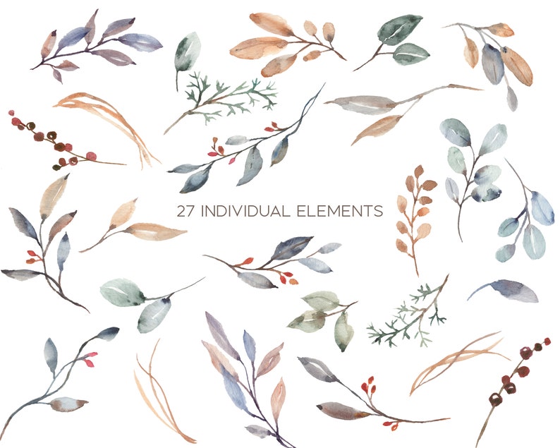 May include: 27 watercolor illustrations of individual floral elements in shades of blue, green, brown, and red. The text '27 INDIVIDUAL ELEMENTS' is in the center of the image.