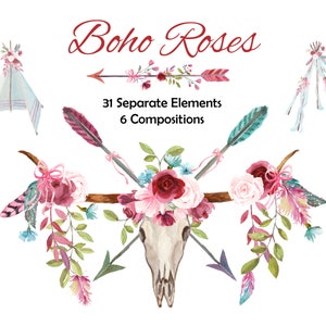 Boho Blush et Burgundy Floral Aquarelle Clip Art, Pink Blush et Wine Wedding Floral, Longhorn Bull Skull et Roses
