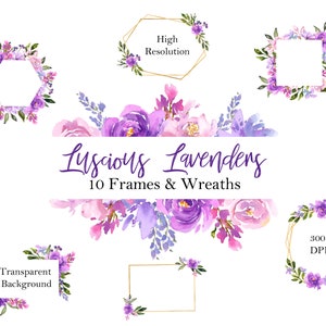 Lila Blumenrahmen, Lavendel und Lila Blumen Aquarell Kränze und Rahmen, Pfingstrosen, Rosen und Greenery Frame Collection, DIY Einladungen