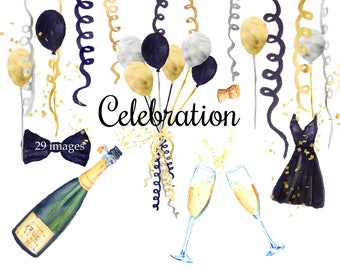 May include: A watercolour illustration set of 29 images featuring a celebration theme. The set includes gold and silver balloons, confetti, champagne glasses, a bottle of champagne, a bow tie, and a black dress. The text "Celebration" is written in black.