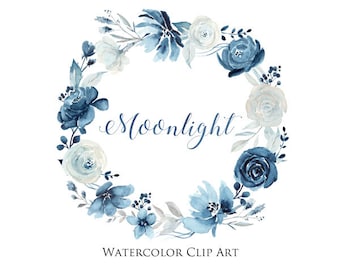 May include: Watercolour clip art featuring a blue and white floral wreath with the word "Moonlight" in the centre.