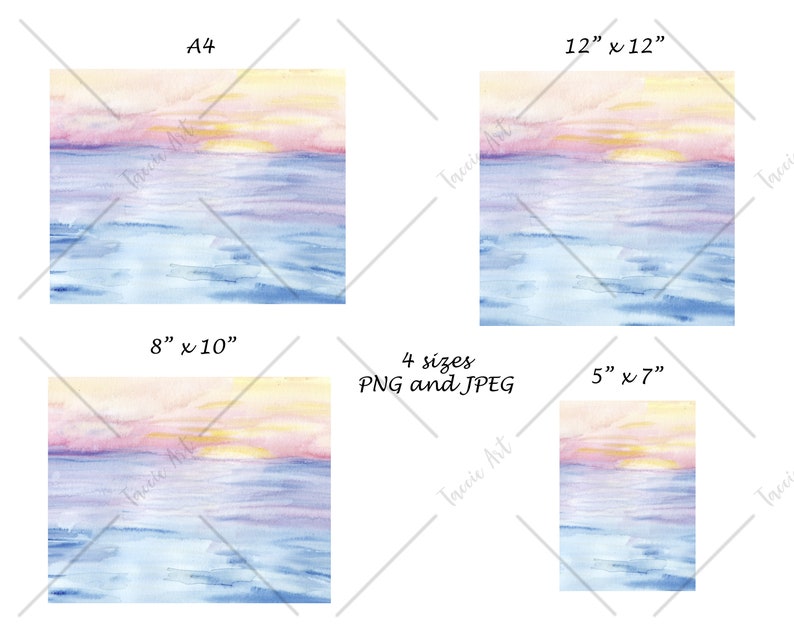 May include: Watercolor painting of a sunset over a calm ocean. The sky is a mix of pink, orange, and yellow, and the water is a light blue with hints of purple. The painting is available in four sizes: 5x7 inches, 8x10 inches, 12x12 inches, and A4.