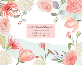 Può includere: Una collezione di 18 elementi floreali ad acquerello in toni rosa tenue, tra cui rose, peonie e altri fiori delicati. Il set include anche due macchie di acquerello verde pallido.
